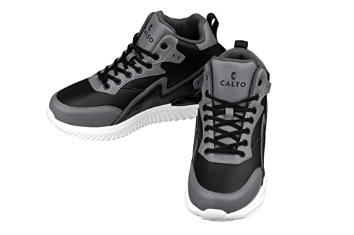 Image of CALTO Men's Invisible Height Increasing Elevator Trainer Shoes - Black /Grey Lace-up Lightweight Fashion High-Top Sneakers - 4 Inches Taller - S3061 - Size 12 D(M) US