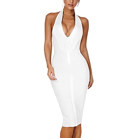 Sexy V Neck Bandage Dress for Women Party Club Night Outfits Halter Bodycon Dresses, White, Large Cover