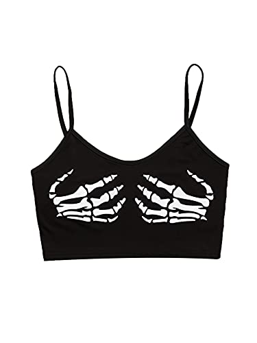 WDIRARA Womens Skeleton Skull Print Scoop Neck Spaghetti Strap Crop Cami Top Black S