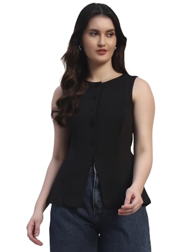 Image of Trend Arrest.ed Stretchable Waistcoat Top for Women | Button Front | Sleeveless Slim Fit Vest for Casual & Workwear