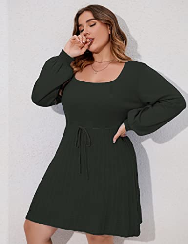 Image of Women's Plus Size Casual Sweater Dress Square Neck Long Lantern Sleeve Tie Waist Loose Pullover Sweater Dresses