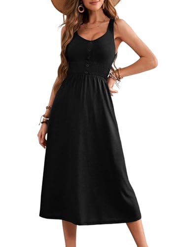 Image of Dokotoo Womens Summer Dresses 2025 Sleeveless Smocked Waist Easter Casual Midi Dress Beach Party Sun Dresses Tank T Shirt Sundress for Women Vacation Western Outfits Clothes Plus Size Black Medium