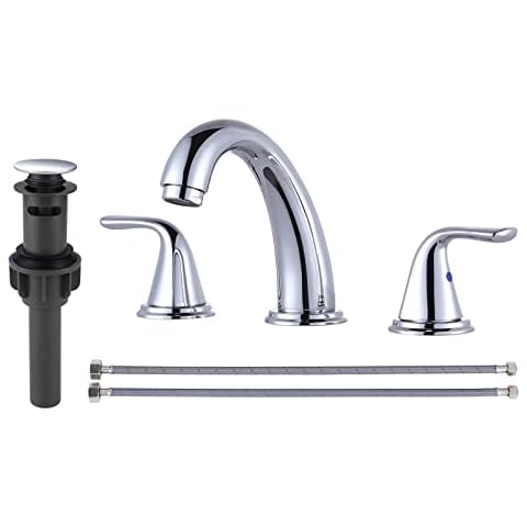 Aleasha Widespread Bathroom Sink Faucet, Chrome 3 Holes 2 Handles Faucets with Pop Up Drain, Modern 3-Hole Bath Fixture for Restroom Vanity Camper Cover