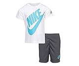 Nike Boy`s Dri-Fit T-Shirt & Shorts 2 Piece Set (White(76F024-G1A)/Blue/Grey, 6)