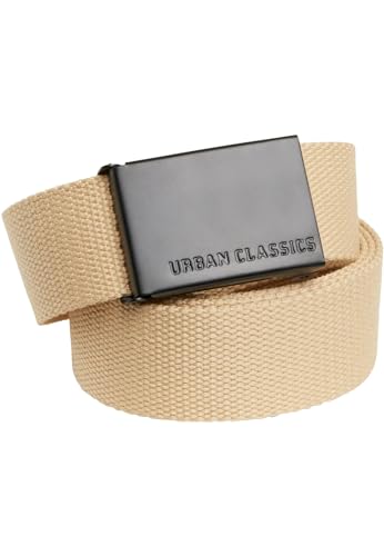 Urban Classics Unisex steglöst canvasbälte, canvasbälte, bälte med metallspänne med logotypprägling för män och kvinnor i många olika färger, Beige/svart, En Storlek