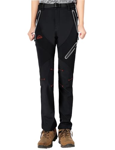 donhobo Damen Winter Wanderhose Wasserdicht Softshellhose Outdoorhose Winddicht Warm Gefüttert Skihose Trekkinghose Snowboardhose Funktionshose (Rein Schwarz, M)