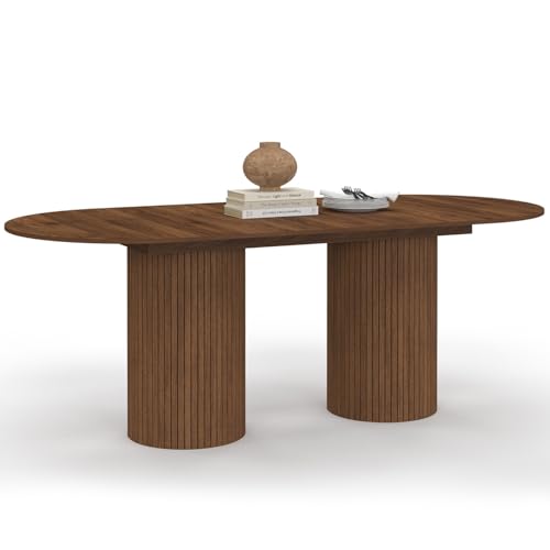 IDMarket - Table à Manger Extensible Ovale Juliette 6-10 Personnes Pieds cylindriques Lattes tasseau Bois Coloris Noyer 160-200 cm