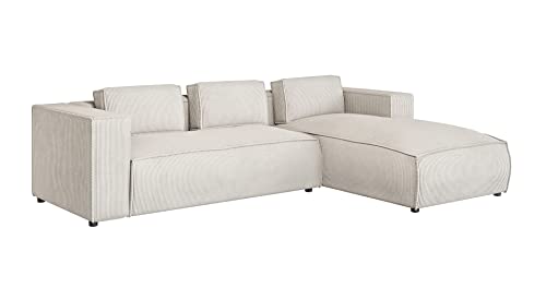 S-Style Möbel Nante Fünfsitziges Ecksofa Trendiges Modernes Ecksofa Nante Kord Stoff 262cm x 176cm x 64cm Gemütlich Lose Rückenlehnenkissen Schwarze Kunststoffbeine Eckseite Rechts Farbe Beige