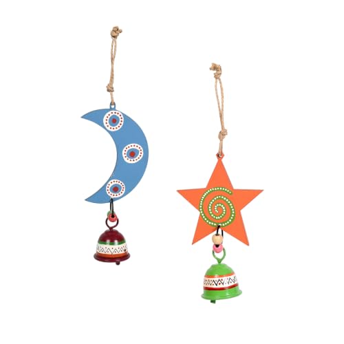 Image of Aakriti Art Creations Celestial Moon & Star Wind Chime Duo | Handmade Modern Art Wooden & Metal Wind Chimes | Decorative Indoor & Outdoor Hanging for Balcony, Garden, Living Room & Gifting