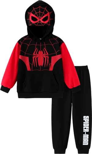 Marvel Spiderman - Sudadera con capucha para niño grande, disfraz de Miles Morales, disfraz de cosplay rojo, sudadera de 2 piezas, pantalones de sudadera de los Vengadores, fiesta temática de los