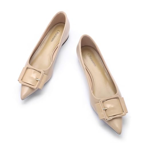 Women's Pointed Toe Square Buckle Flats Elegant Slip-On Ballet Flats Comfortable Dressy Shoes for Work Party Daily Wear(Size 8,Beige)