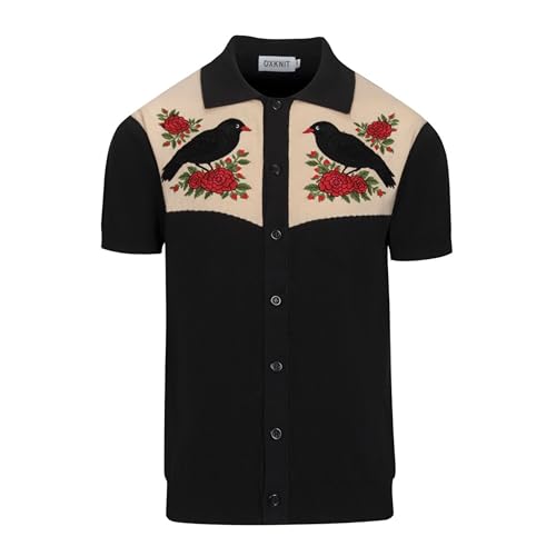 Camiseta Polo de Hombre OXKNIT de Punto con Manga Corta, Bordado Vintage de Pájaro y Flor, Negro