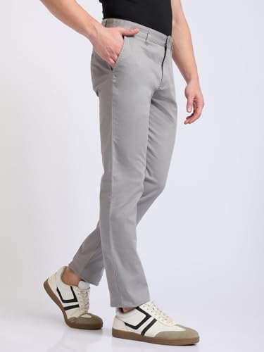 Image of Parx Men Low Rise Tapered Fit Solid Pattern Cotton Blend Flat Front Casual Trouser