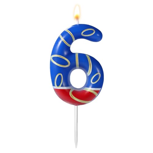 Blue and Gold Ring Print Birthday Candle, Birthday Number Candle Blue Themed Birthday Candle Cake Toppers for Boys Girls Party Supplies (Number 6)