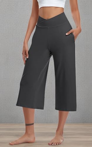 Image of TARSE Womens Casual Wide Leg Yoga Capris Crossover High Waist Capri Pants Loose Soft Pajama Pockets Sweatpants