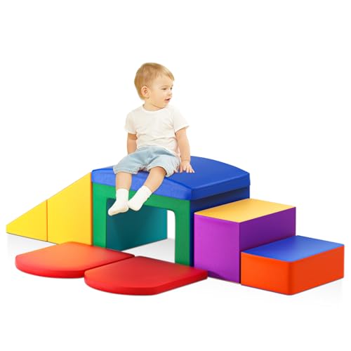 Brolteja Baby Foam Building Blocks, Softplay Set for Toddlers 1-3 Years, Baby Climbing Tower with Slide, Large Building Blocks for Toddlers (Colorful-6-L)