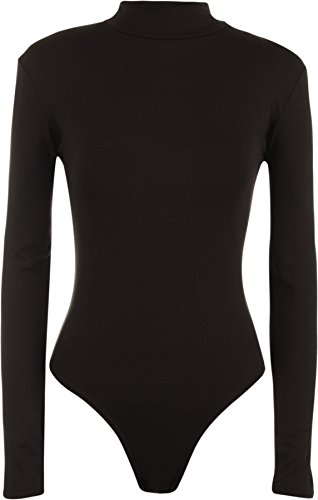 WearAll - Neu Damen Rollkragen Bodysuit Langarm Elastisch Gymnastikanzug Top - Schwarz - 36-38