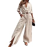 Lässiges, einfarbiges 2-teiliges Damen-Set mit gekrempelten Ärmeln und Button-Down-Hemd und weiter Hose (Apricot,M)