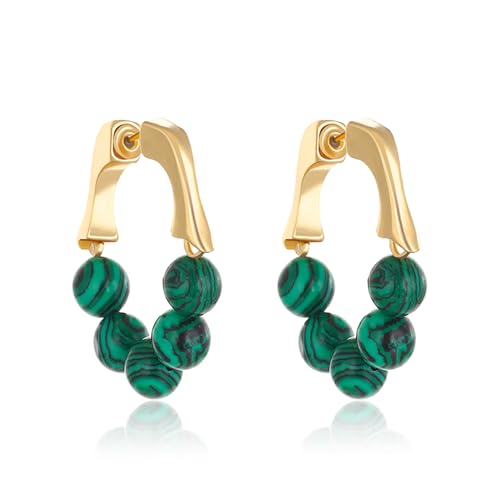 QLYOVWE Bohemian Bead Hoop Earrings for Women Handmade Round Turquoise Earrings 14K Gold Plated Huggie Earring Holiday Reiki Jewelry Gift (Malachite)