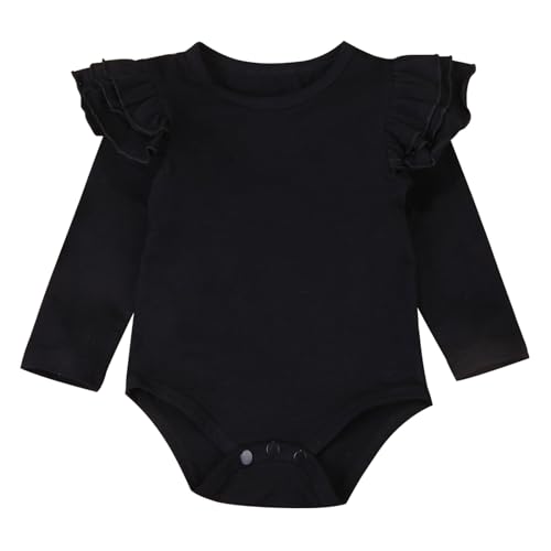 Gaono Newborn Baby Girl Basic Romper Ruffle Long Sleeve Round Neck Solid Color Bubble Bodysuit Onesie Casual Shirt Jumpsuit (B-Black, 6 Months)