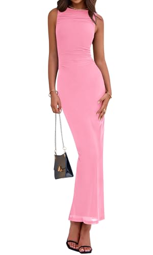 BTFBM Women Ruched Bodycon Maxi Dress Summer 2025 Sleeveless Mesh...