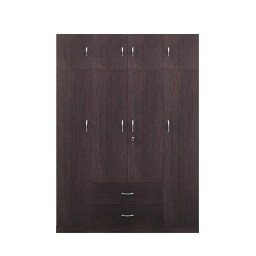 Image of VIKI Wardrobe | Wooden Almirah for Clothes,Door for Bedroom with Loft, 4 Door Wardrobe with Drawer & Hanging Space (Dark Wenge - 40D x 160W x 220H) | 1 Year Warranty | Free Assembly