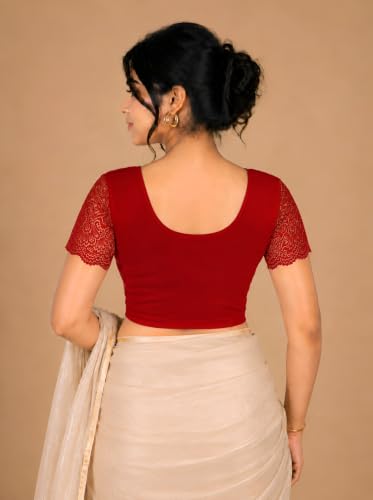 Image of Abhi Cotton Readymade Saree Blouse for Women- Half Net Sleeves, Round Neck, Regular-fit, Stretchable, Pull-on Style Blouse