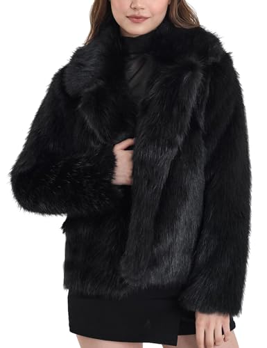 Yimoon Womens Faux Fur Coat Lapel Winter Jacket Fluffy Coats,Black,S