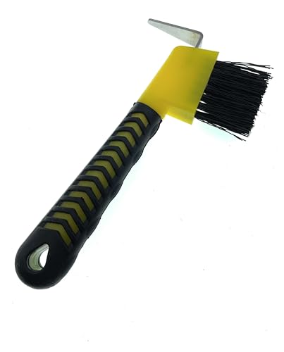 Image of Horse Hoof Pick with Brush, Yellow | Steel pick, stiff bristles and non-slip ergonomic handle for removing packed mud, stones and debris.