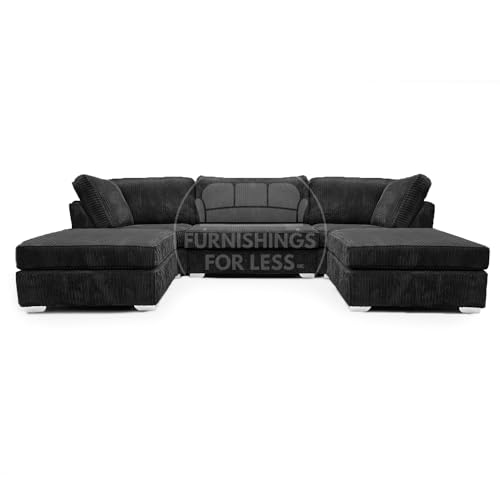 Furnishings For Less UK Bishop Cord U-Shape Black Jumbo Cord Fabric Corner Sofa, Detachable, Solid Wood Frame (Black)