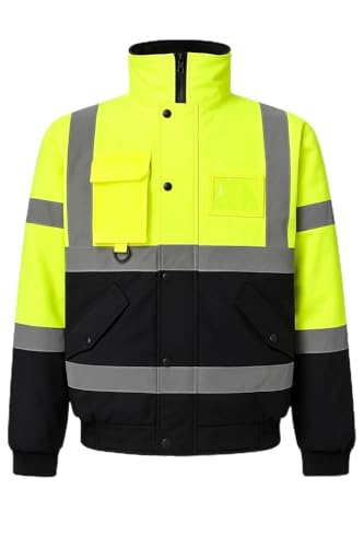 BLOOM BLENDS High Visibility Bomber Jacket Waterproof Reflective Safety Coat Hi Vis Workwear Winter Jacket with fleece Lining Waterproof Outer & Removable Hood (UK L Yellow/Navy)