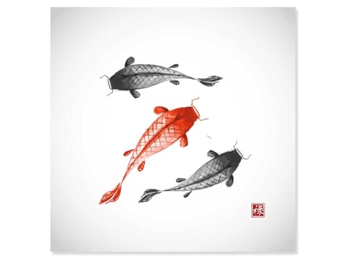 Hexoa Tableau Dessin carpes koï - Made in France - Toile imprimée 50x50