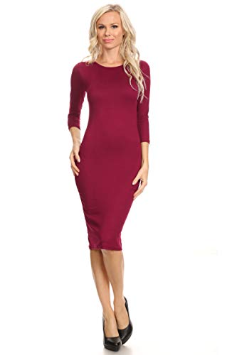 Image of ICONOFLASH Women's 3 /4 Sleeves Midi Bodycon Dress Crew Neck Fitted Dresses with Plus Size Options