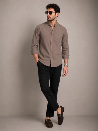 Image of Veirdo Men's Stylish Solid Casual Shirt | Chinese Collar Pure Cotton | Available in Black, Brown, Rust, Olive, White & Navy | Sizes S to XXL