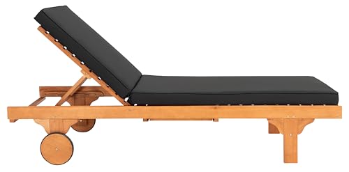 SAFAVIEH Outdoor Collection Newport Natural/ Black Cushion Built-in Side Table Adjustable Chaise Lounge Chair
