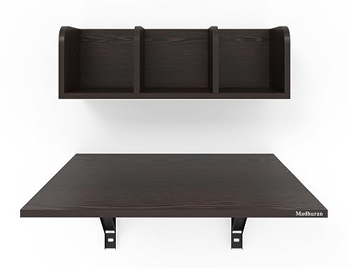 Image of Madhuran Engineered Wood Wall Mounted Laptop Study Table Desk with Books Storage Corner Shelf (Matte Wenge) Office Kitchen Students Reading Working Desk Organizer Work Home