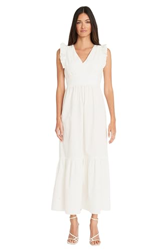 Image of Maggy London Women's V-Neck Ruffle Details Cotton Poplin Maxi Dress