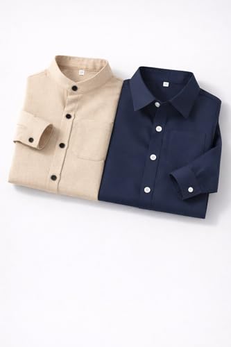 Image of Boys Mandarin Collar Shirt with Chest Pocket Beige and Rama Blue Color, Long Sleeve Button-Down Casual Shirt Pack of 2