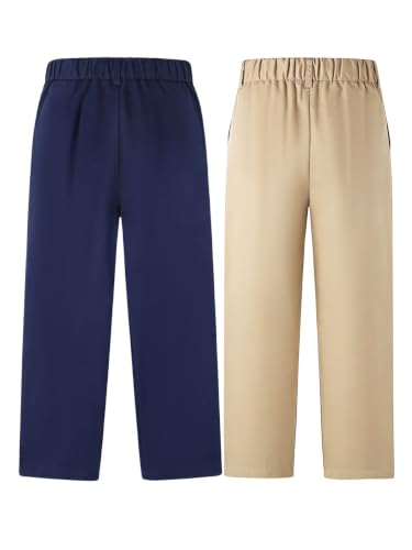 Image of HILEELANG Boys Chino Pants School Dress Pants Straight Leg with Pockets | Cotton Blend Fabric, Elastic Back Waist, Classic Chino Style, Side Pockets, Perfect for School Uniforms and Everyday Wear