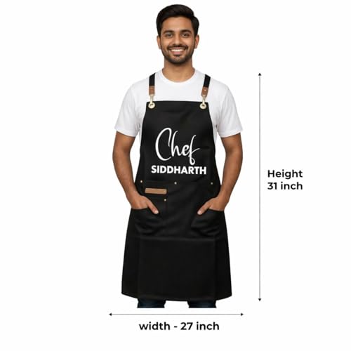 Image of AICA Personalized Name Apron for Kitchen Men & Women| Stylish Leather Adjustable Neck Strap| Front Pockets | Customised Name Waterproof Apron for Kitchen Cooking Resturants Cafes