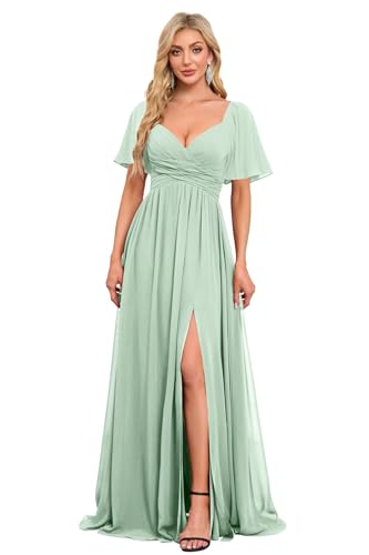 Image of Women's Flutter Sleeves Chiffon Bridesmaid Dresses with Slit Long A Line V-Neck Formal Party Dress with Pockets