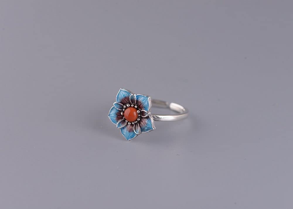 Ring Silber 925 Damen, S925 Sterling Silber Cloisonne Blumen Roter Achat Ring Verstellbare Ringe Retro Zeigefinger Ring Silber Ewigkeitsring Hochzeit Charme Schmuck Geschenke Für Männer Mädchen D