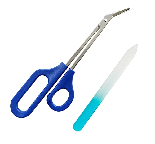 Long Handled Toenail Scissors & Easy Reach Long Handle Clippers for Thick Toe Nail with Glass Nail File Blue