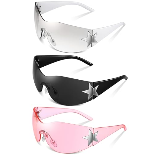 3 Pairs Rimless Y2K Sunglasses for Women Men Trendy Shield Wrap Around 2000S Sun Glasses Fashion Cool Star Glasses