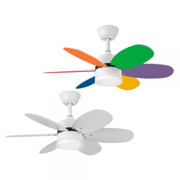 Bilake Kids Ventilador de Techo Infantil con Luz LED y Mando a Distancia, Silencioso, Aspas Reversibles, 85 cm, 3 Tonos de Luz Regulables para Habitación Infantil y Juvenil (Vivos/Blanco Reversible)