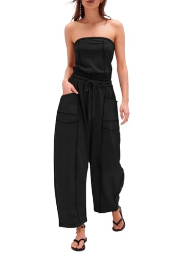 Sexyasasii Black Jumpsuit for Women Strapless Summer Long Wide Leg Pants Tube Top Jumpsuit One Piece Drawstring Casual Jumpsuits with Pockets