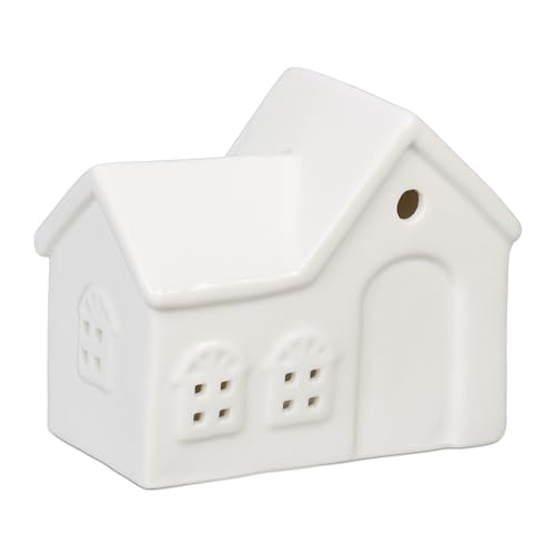 Relaxdays Casetta Portacandele in Ceramica, Casa Luminosa Porta-Tealight, per 1 Candelina, HLP: 9 x 11 x 6 cm, Bianco