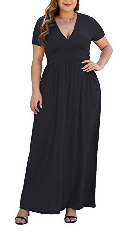 Women's L-5XL Short Sleeve V-Neck Plus Size Maxi Dresses with Pockets2