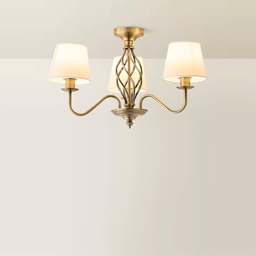 ValueLights | Antique Brass 3 Light Chandelier with Fabric Lampshade | Chandeliers, Home Décor & Improvement Essential | Mains Wired