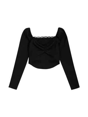 SOLY HUX Girl's Ruched Bust Lace Trim Crop Tops Square Neck Long Sleeve High Low Hem Tee Shirts